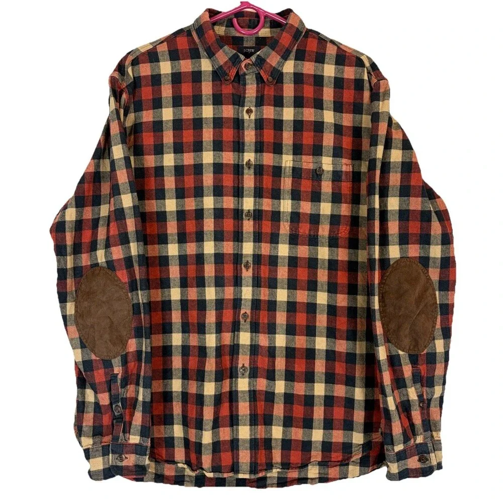 J Crew Cotton Twill L/S Button Shirt Red/Blue Plaid Suede Elbows Men’s XL